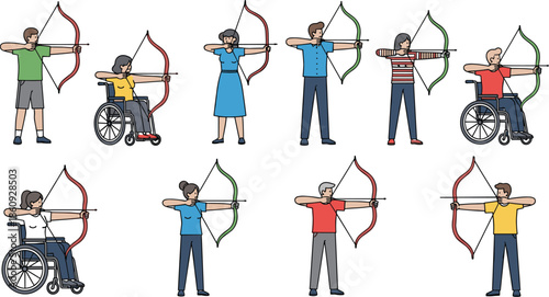 Set of Vector Illustrations Featuring Diverse People and Athletes with Disabilities Practicing Archery Shooting Bow and Arrow for Sports Design