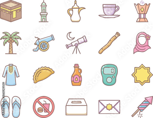 Set of colorful icons representing various Islamic and cultural symbols.