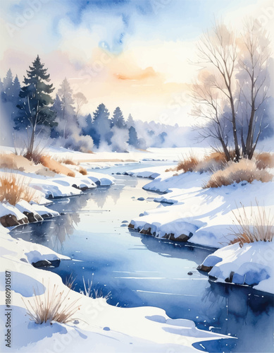 Frozen river winding through winter valley, gentle watercolor