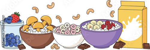 Colorful Banner Illustration of Healthy Breakfast Cereal Bowls with Fresh Berries Nuts and Chocolate Next to a Milk Carton