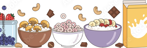 Banner Illustration of Healthy Breakfast Bowls with Cereal Fruit Berries Nuts and Chocolate Next to a Milk Carton on White Background