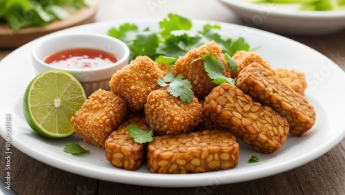 Crispy Fried Tofu with Fresh Herbs and Dipping Sauce.