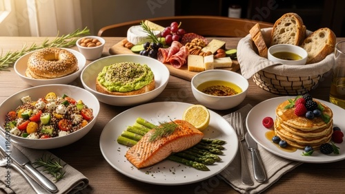 Delicious Breakfast Spread with Pancakes and Salmon.