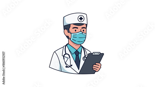 Doctor wearing a medical mask and stethoscope holding a clipboard.