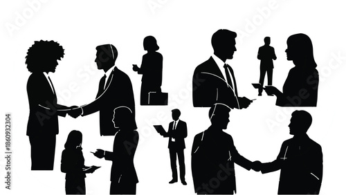 Diverse business professionals in silhouette, collaborating and shaking hands in partnership.