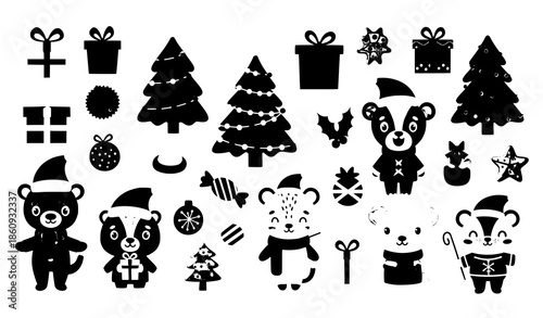 Playful Christmas cartoon animal vector mega set with toys gifts and sweets on white