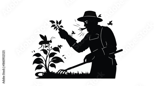 Farmer tending to plants amidst a swarm of insects, symbolizing agricultural challenges.
