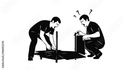 Two men struggling to assemble furniture with confused expressions