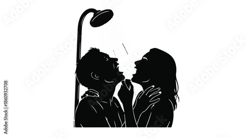 Joyful couple sharing a refreshing shower together on a bright day.