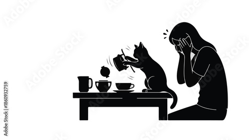 Frustrated owner reacts as playful cat causes mess with coffee cups and sugar cubes