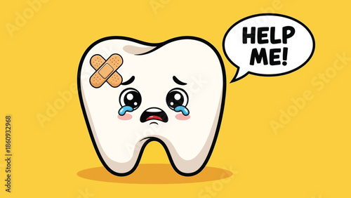 Crying Cartoon Tooth with BandAid and Help Me Speech Bubble.