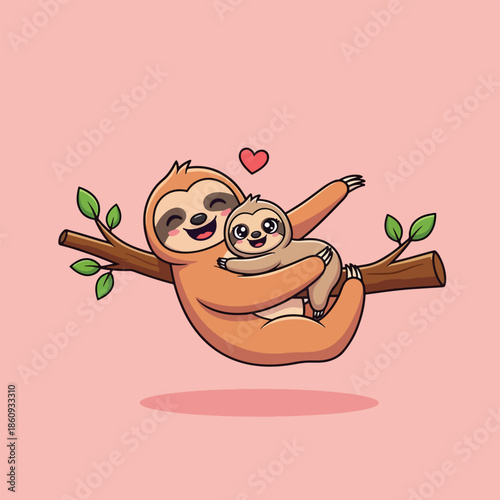Cute Cartoon Sloth Mother and Baby Hugging on Tree Branch with Heart.