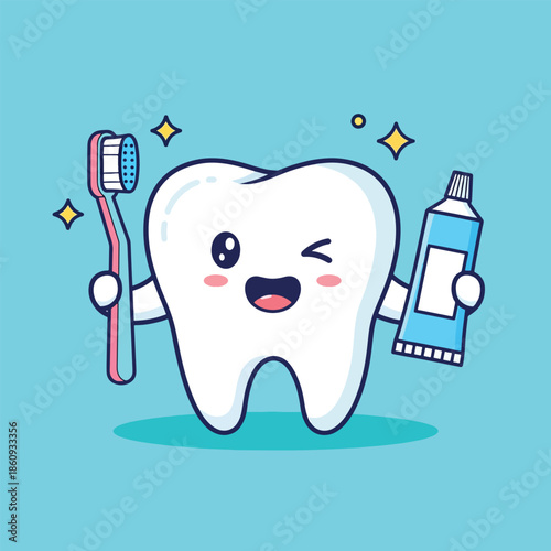 Cute cartoon tooth character winking holding a pink toothbrush and blue toothpaste tube.