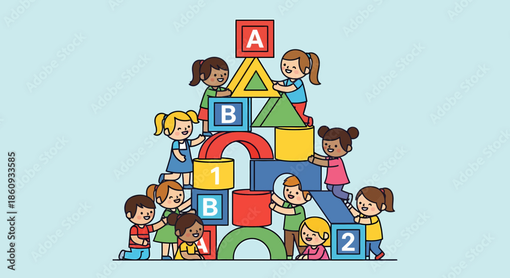 Naklejka premium Children Building Tower With Blocks Illustrating Education Learning
