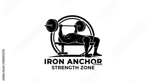 Monochromatic logo of a person bench pressing symbolizing strength and fitness.