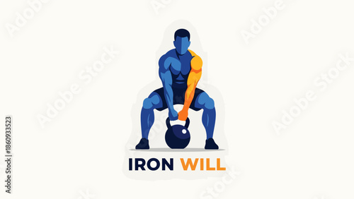 Man with muscular physique performing kettlebell exercise with determination.