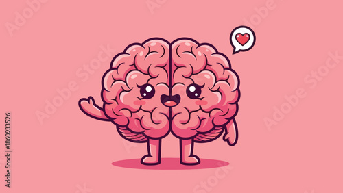 Cute Pink Cartoon Brain Waving with Heart Bubble.