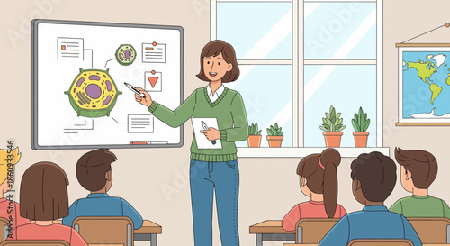 Animated Teacher Explaining Cell Structure to Students in Classroom