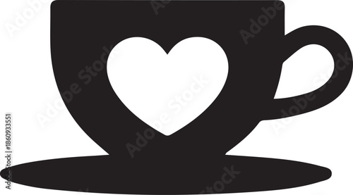 Black and white coffee cup with heart steam vector illustration.