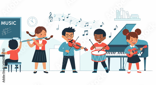Children's Musical Group Cartoon Illustration Learning Music Playing Instruments