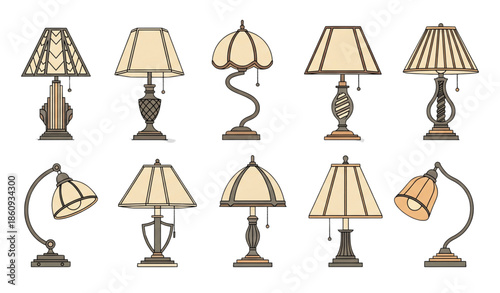Stylish vintage table lamps vector set with decorative shades isolated on white background