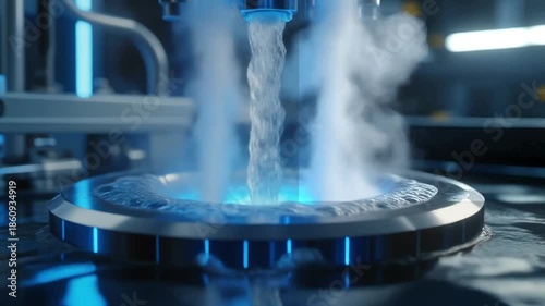 Advanced Technology: A detailed close-up shot of a futuristic machine with liquid, emitting steam and a glowing blue light, signifying cutting-edge technology and innovation.