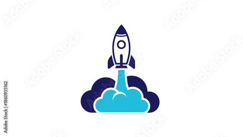 Rocket Launching into Space with Blue Clouds.