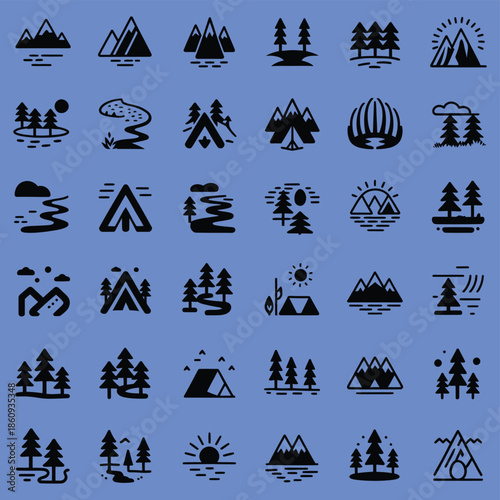 mountain and nature icons set vector illustration featuring hills forests trees rivers lakes woodland landscape symbols for outdoor adventure travel and environment concepts.