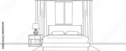 Simple line art drawing depicts a clean and modern bedroom interior featuring a neatly made bed situated centrally beneath a window with sheer and heavy curtains.