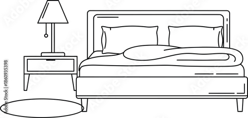 Simple black and white line art illustration depicting a cozy bedroom setup featuring a neatly made double bed beside a nightstand with a lamp.