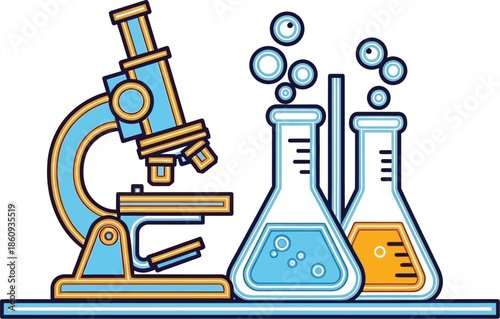 Stylized illustration showcasing essential laboratory equipment including a microscope and bubbling Erlenmeyer flasks ready for scientific research and chemical analysis