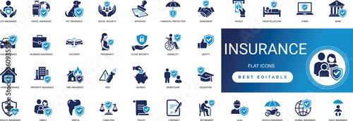 Insurance Solid Icons for Protection and Security featuring Health Car Home Life Business Policy Coverage Shield and Safety Professional Vector Set
