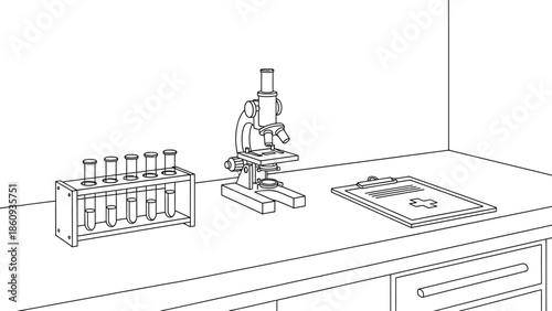 Simple black and white line drawing depicting essential scientific laboratory equipment including a microscope test tubes in a rack and medical clipboard.