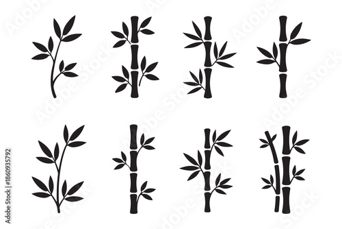 Four distinct bamboo illustrations showing variations in stalk segmentation and leaf arrangement in two vertical rows