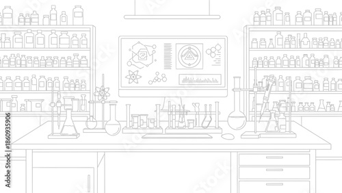 Detailed black and white outline drawing depicting a modern science laboratory workspace filled with various chemical glassware and digital analysis equipment