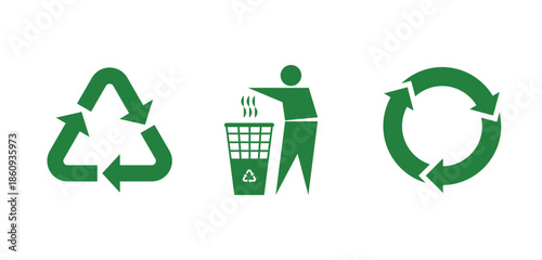 Vector icon set of recycle bin, trash bin, and packaging symbols. Ideal for eco product labeling and sustainable packaging.