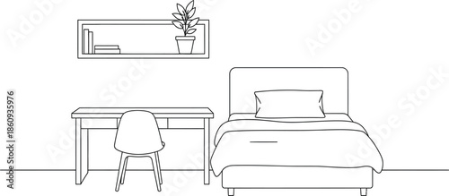 Minimalist black and white line art drawing depicting a simple single bedroom setup with a bed desk and wall shelf for cozy living spaces.