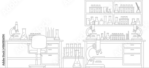 Detailed black and white outline illustration depicting a fully equipped scientific laboratory workspace featuring microscopes glassware and test tube racks ready for research