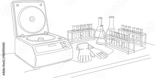 Laboratory equipment featuring an open centrifuge machine test tubes in racks and glass flasks rests upon a clean scientific workstation