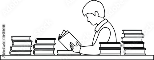 Focused young student deeply engrossed in reading a thick book while surrounded by tall stacks of educational literature on a simple surface