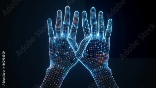 Digital Harmony: Two hands, glowing with a futuristic luminescence, extend outwards, interlacing a feeling of harmony and digital connections in the modern era.