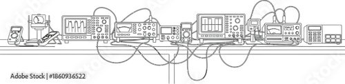 Detailed black and white outline illustration depicting various electronic testing and measurement instruments interconnected with numerous cables on a laboratory workbench.