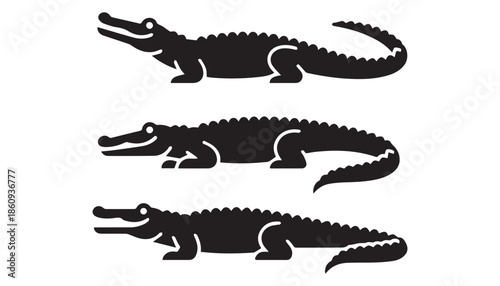 black color crocodile set of silhouette vector illustration, solid white background