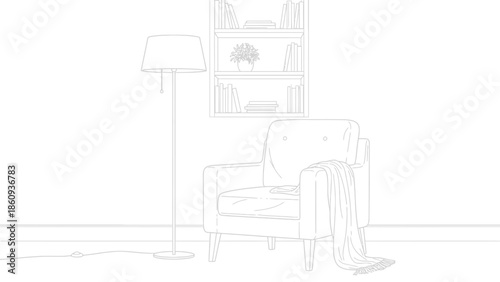 Minimalist line art drawing of a cozy reading nook featuring a comfortable armchair a tall floor lamp and a wall mounted bookshelf illustration