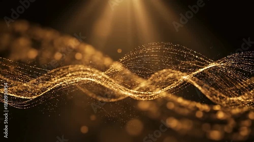 Golden Abstract Light Wave Particle Futuristic Golden Beautiful Wave Particles light abstract background shining glittering particle floor stars dust flare. Luxurious golden sparkling bokeh 