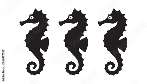 black color seahorse set of silhouette vector illustration, solid white background