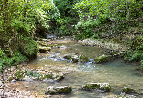 Autumn, a small shallow stream rushes to the big water through the forest