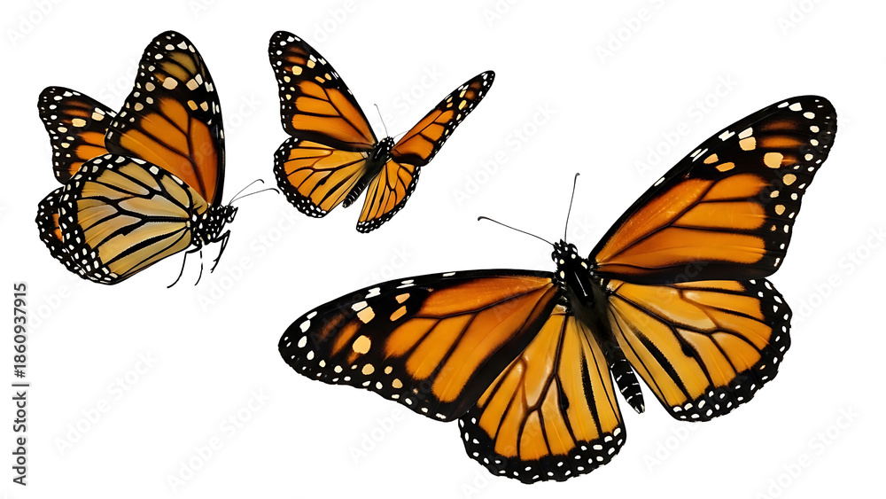 Fototapeta premium Three monarch butterflies flying against black background