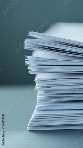 Vertical Shot. Stack of white paper close up on desk with soft lighting