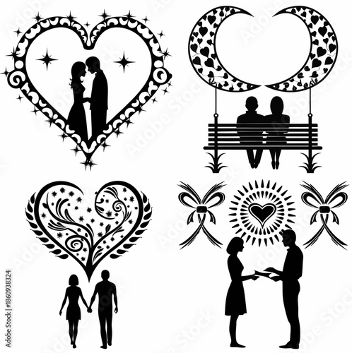 Romantic couple illustrations with heart designs and love symbols